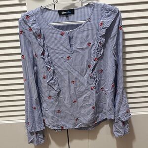 Alice Blue Striped Blouse with Cherry Embroidery